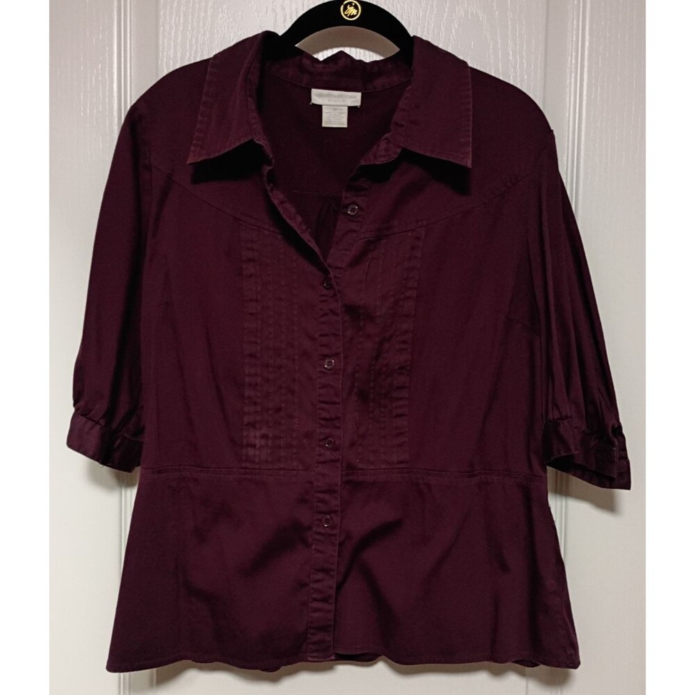 Worthington Stretch Womens Plum Purple Button Up Shirt 3/4 Sleeve Blouse Sz 16